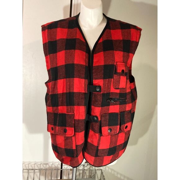 Mulberry Street Mens Vest Red Black Buffalo Plaid Utility Cargo Lined M fits L - Picture 1 of 6